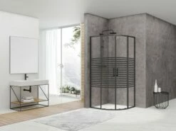 Box Doccia Angolare Semicircolare Arek 80x80 H190 Porte Scorrevoli Cristallo 6 Mm Trasparente Serigrafato Nero Opaco